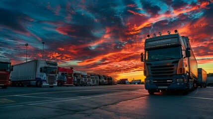 Truck drivers parking at sunset, perfect for road trips and overnight stays amidst scenic beauty