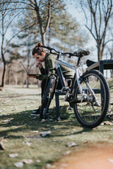 Fototapeta premium A young handsome man enjoys a relaxing weekend outdoors, using his laptop beside his bicycle in a sunny park, reflecting a moment of leisure and connection with nature.