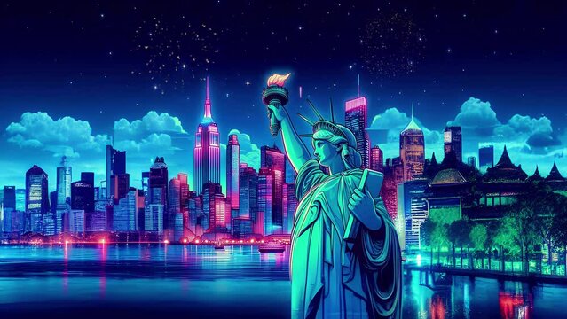 Seamless looping 4K time-lapse video animation of the New York City skyline with the Statue of Liberty, illuminated by neon lights and fireworks, celebrating the 4th of July