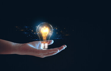 Solution or creative idea for designing a web banner or landing page for an innovative company with a hand sticking out of the screen with a light bulb. Famous abstract geometric shapes and lead lines