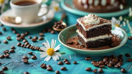 Espresso coffee beans chamomile flower and cake on turquoise table with soft focus and lighting effects