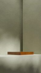 green rough wall background, 3d image render blank mockup block wood textured podium in portrait
