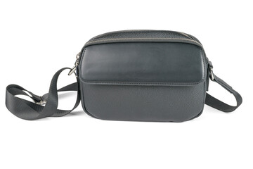Sleek Black Leather Crossbody Bag with Adjustable Strap on White Background