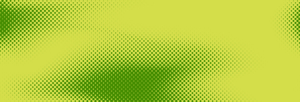 Green halftone pattern. Retro comic gradient background. Bright pixelated dotted texture overlay. Cartoon pop art faded gradient pattern. Vector backdrop for poster, banner, advertisement