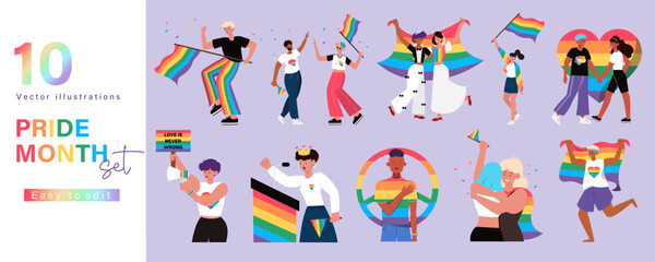 Vibrant Pride Month Celebrate Vector Set. Diverse Characters with Rainbow Flags, Heart Symbols, and Inclusive Messages. Perfect for LGBTQ Awareness and Support Campaigns