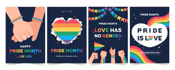 Vibrant LGBTQ Pride Month Poster Vector Set. Celebrate Love, Diversity, and Inclusion with Rainbow Colors and Empower Messages