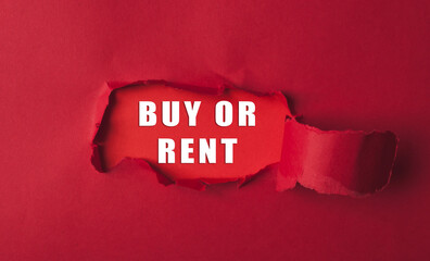 A red background with a white word that says buy or rent