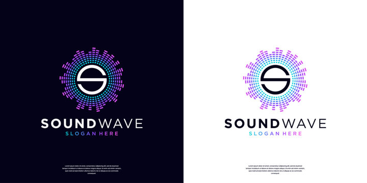 Letter S with circular sound wave logo template. Music wave icons vector, equalizers, radials in spectrum design concept.