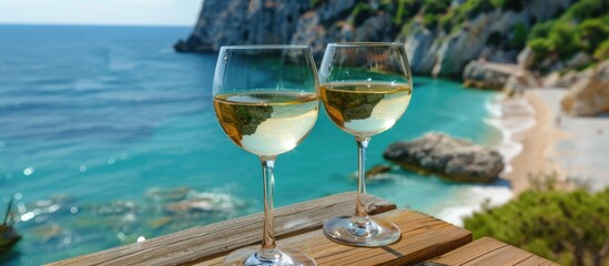 Obraz premium Two glasses of white wine on a wooden table overlooking a serene beach and turquoise sea.
