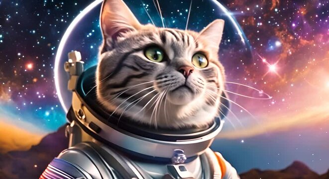 Astronaut cat in astronaut suit floating in outer space