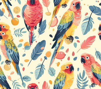 Vibrant and colorful seamless pattern background featuring a variety of tropical parrot feathers leaves and seeds in a pastel color palette  The repeating design creates a whimsical