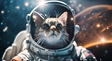 Astronaut cat in astronaut suit floating in outer space