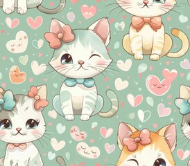 Seamless pattern featuring a repeating design of adorable kittens with decorative bows and heart shapes in soft pastel color tones  This charming whimsical is perfect for use in a variety of feminine