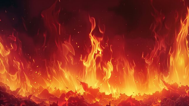 Background image of hell in eternal flames, in the style of power puff girls, cartoon, clean line. copy space for text.