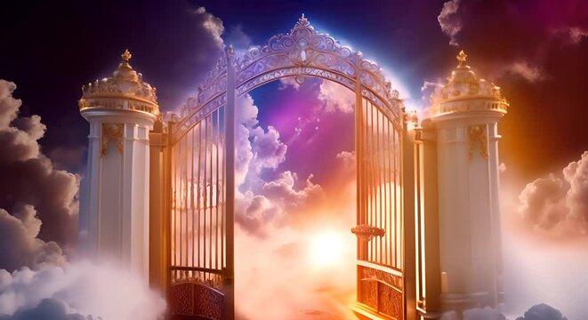 Pearly gates with clouds and heaven in sunlight