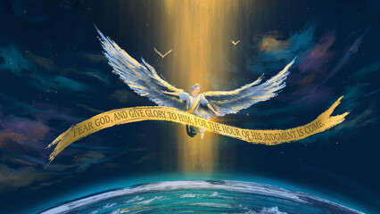 The first angel of Revelation 14, followed by two other angels. Three angel's messages of apocalyptic Bible prophecy.