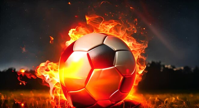 A flying soccer ball burns with flames blazing on the grass of the field