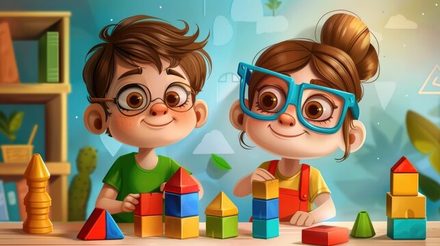 Cute cartoon Chibi boy and girl building with blocks and learning about shapes and structures exploring their creativity and imagination in a playful educational environment