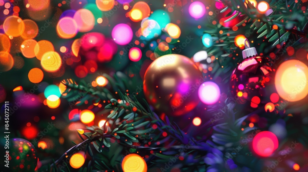 Wall mural blurry light effects and neon glow on festive decorations create a colorful abstract background patt