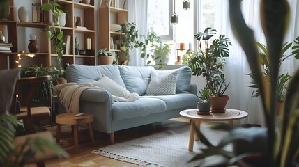 Cozy and Inviting Living Room with Lush Greenery,Warm Lighting,and Comfortable Furnishings Creating a Tranquil and Serene Ambiance