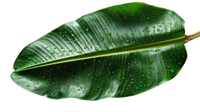 Banana leaf with water drops isolated on transparent background.