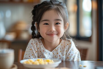 Smiling Asian Girl in Pajamas at Breakfast. Young Eastern Asian girl in pajamas smiling warmly while having breakfast, with a bowl of cereal and a cozy home setting.