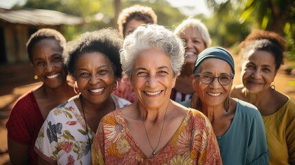 Obraz premium Senior Women Bonding Outdoors in Nature. Diverse group of elderly women smiling and bonding in a natural outdoor setting, enjoying each other's company and nature.