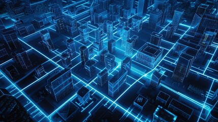 Digital twin of smart city, urban center with buildings and streets surrounded by glowing blue lines forming an abstract cube shape. copy space for text.