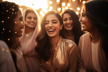 Fototapeta premium Young Saudi Women Laughing Together. Group of young Saudi women laughing and enjoying each other's company, dressed in elegant traditional attire under warm, festive lighting.