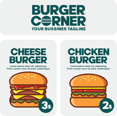 Burger Corner menu vector illustration, with chicken and cheese burger inside, isolated on white background