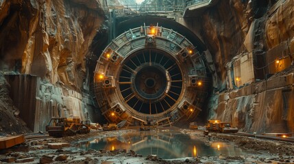 Fototapeta premium Tunnel Boring Machine at Work Underground. Tunnel boring machine (TBM) operating in an underground construction site, surrounded by rugged and industrial materials.