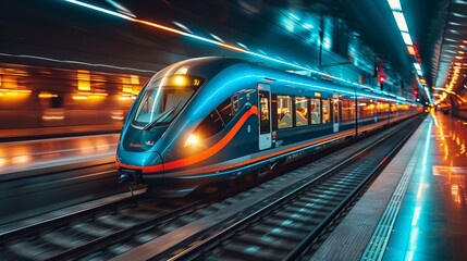 Fototapeta premium Sleek Blue High-speed Train at Night. Sleek blue high-speed train speeding through a brightly lit station at night, highlighting modern rail technology and urban transport.