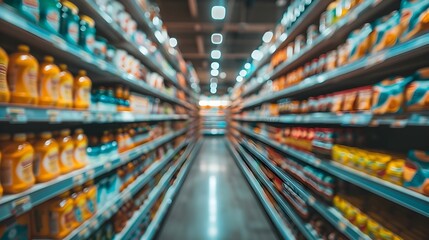 Blurred Supermarket Aisle with Neatly Arranged Shelves and Ample Copy Space