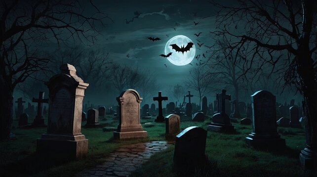 A creepy graveyard at night with old, crooked tombstones, glowing eyes peering from the darkness