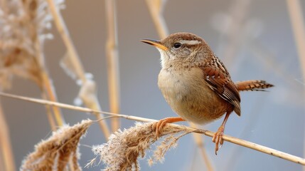 Fototapeta premium Singing wren on a reed stalk in Eurasia