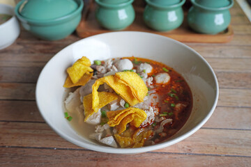 Tom Yam Noodles, famous Thai spicy soup noodles.