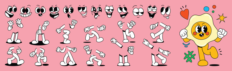 Set of 70s groovy comic faces vector. Collection of cartoon character faces, leg, hand in different emotions happy, angry, sad, cheerful. Cute retro groovy hippie illustration for decorative, sticker.