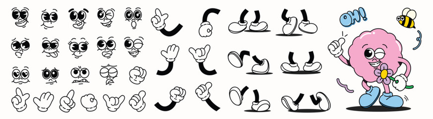 Set of 70s groovy comic faces vector. Collection of cartoon character faces, leg, hand in different emotions happy, angry, sad, cheerful. Cute retro groovy hippie illustration for decorative, sticker.