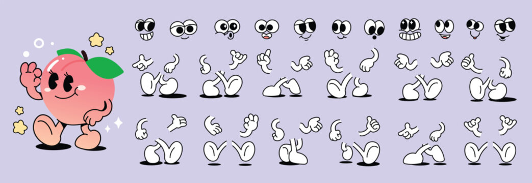 Set of 70s groovy comic faces vector. Collection of cartoon character faces, leg, hand in different emotions happy, angry, sad, cheerful. Cute retro groovy hippie illustration for decorative, sticker.