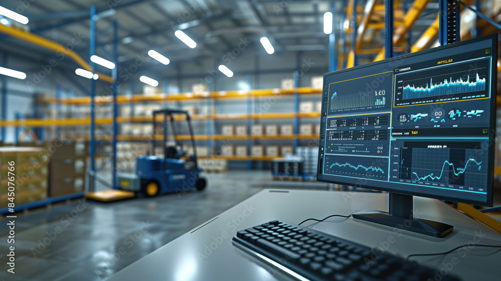 Poster an advanced logistic software interface on a monitor with an operational agv in the background, unde