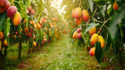 Mango farm gardening tree cultivation with tropical fruits. copy space for text.