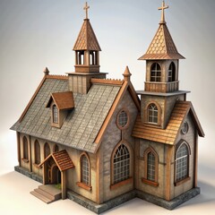 3D Render of a Tudor Church, on isolated white background, Generative AI