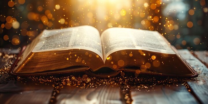 An open Bible reveals a verse with a gently blurred background, evoking the spiritual practices of Christians through soft bokeh illumination.