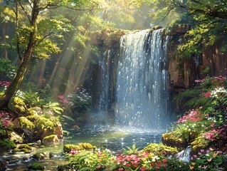 Naklejka premium Majestic Waterfall in the Verdant Rainforest