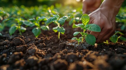 Hands tending to green seedlings. Close-up of hands tending to green seedlings in a field, emphasizing the nurturing aspect of gardening and early plant care.