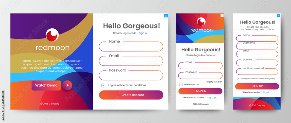 Poster set of sign up and sign in forms. mobile registration and login forms page. professional web design,