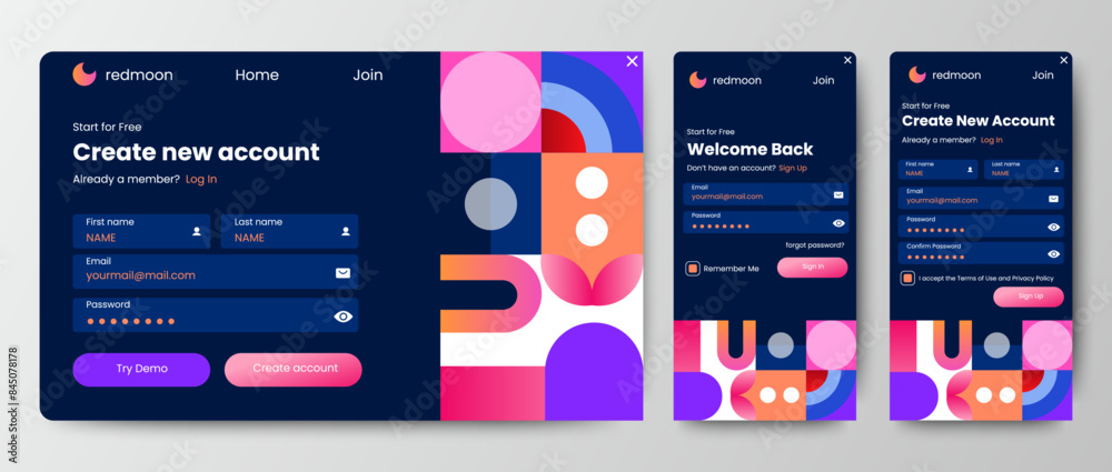 Sticker blue sign up and sign in forms page template. website and mobile. user-friendly design materials. ve