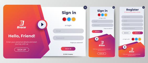 Sign Up and Sign In forms page template.  Red. User-friendly design materials. vector	