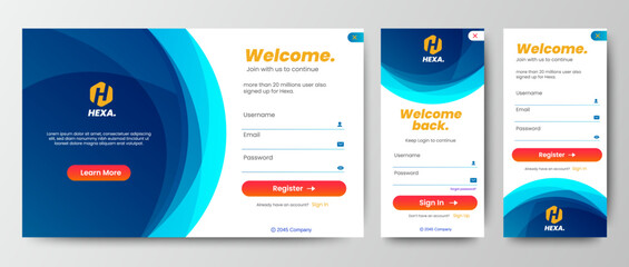 Modern Login form template with blue green color background. Mobile Registration and login forms page. Professional web design, full set of elements. User-friendly design materials.