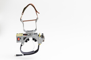 Controlled grenade release mechanism for drone for army on white isolated background. Concept UAVs using in war